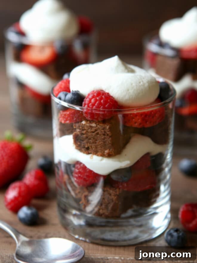 Fudgy Brownie Berry Dream 2 closeup of brownie berry trifles with a spoon