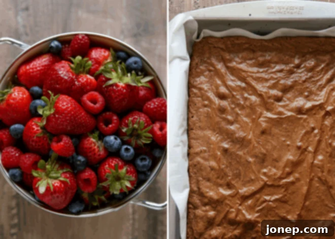 Decadent Brownie Berry Delight 3 brownies in a colander and baked brownies in a pan