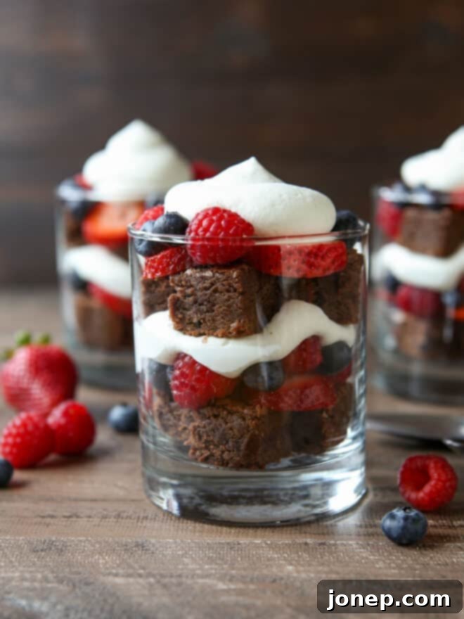 Decadent Brownie Berry Delight 5 brownie berry trifles assembled in glasses