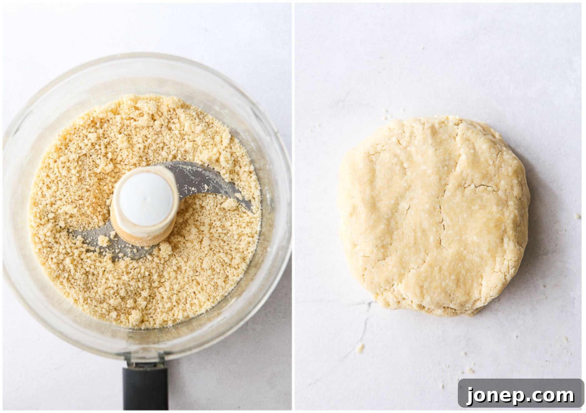 Step-by-step image showing the tart dough being formed into a disc and wrapped in plastic wrap.