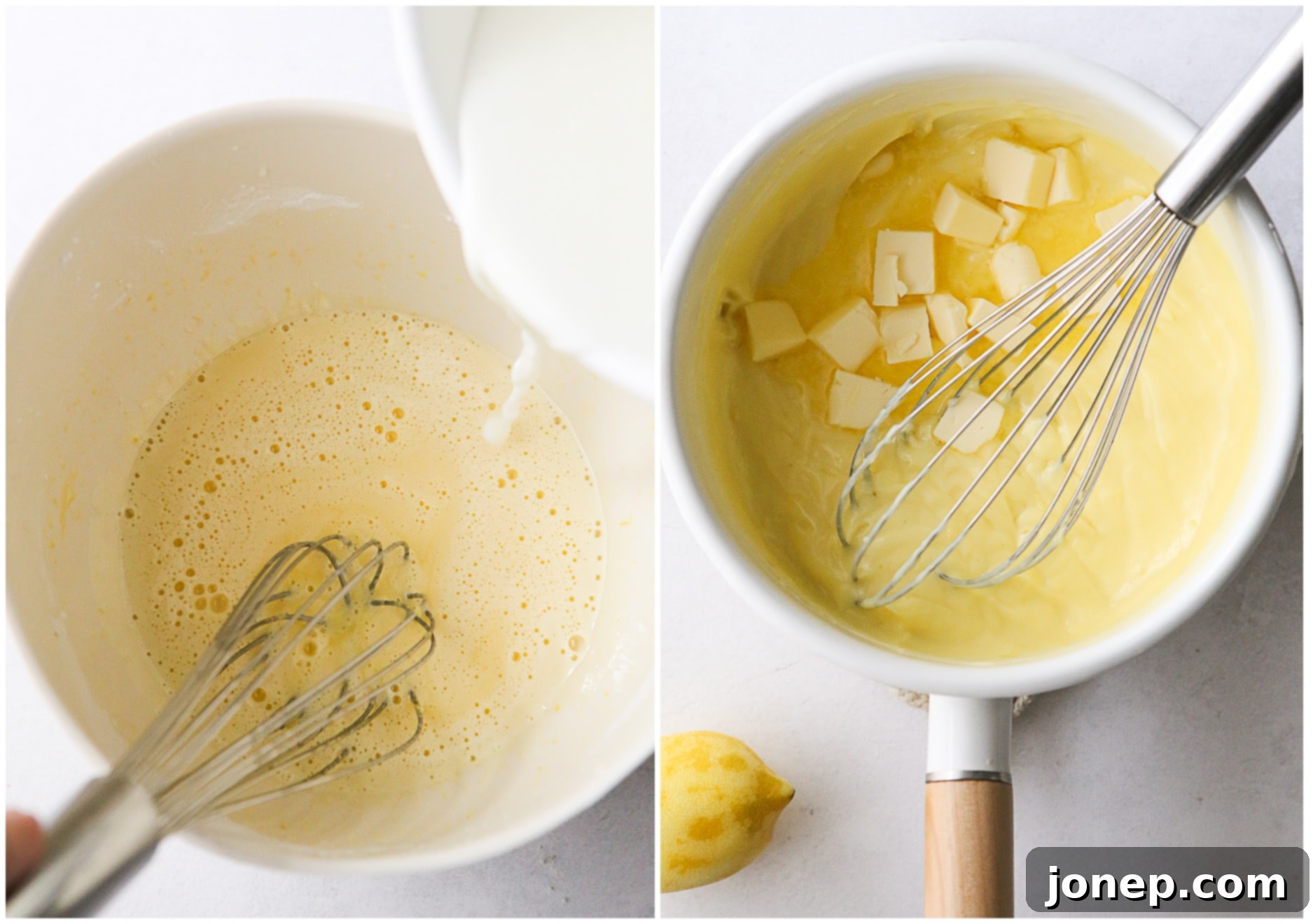 Step-by-step image showing the lemon pastry cream being whisked in a saucepan until thickened.