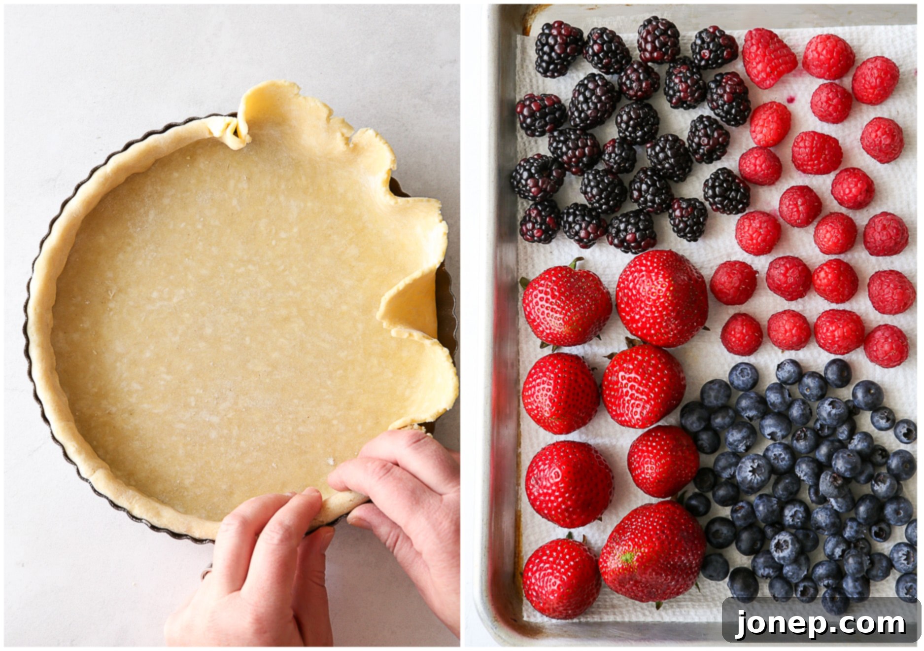 Step-by-step image showing the tart shell blind baking with pie weights in the oven.