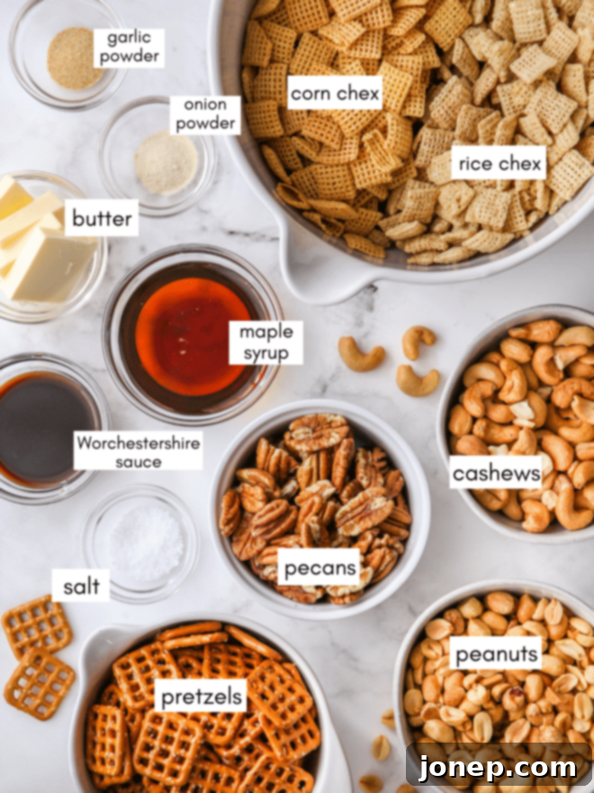 Sweet Maple Nut Medley 3 All ingredients for Maple Nut Snack Mix laid out before preparation