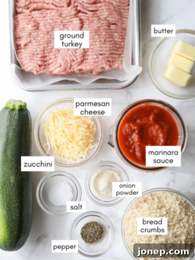 Garden Fresh Turkey Zucchini Meatballs 3 Ingredients for turkey zucchini meatballs laid out on a table