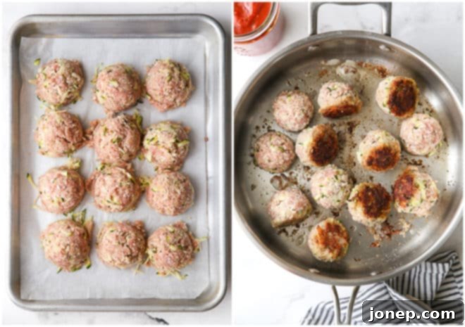 Garden Fresh Turkey Zucchini Meatballs 5 Two images: shaping meatballs, and browning meatballs in a pan