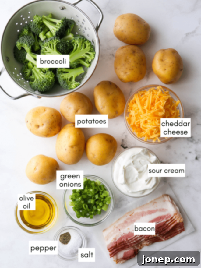 One-Pan Loaded Baked Potatoes 4 Baked potato sheet pan dinner ingredients laid out, including gold potatoes, broccoli florets, bacon strips, olive oil, salt, and pepper.