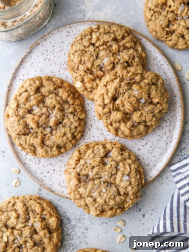 Perfectly Chewy Oatmeal Cookies 6 Close-up view of a stack of golden chewy oatmeal cookies on a white plate, ready to be served