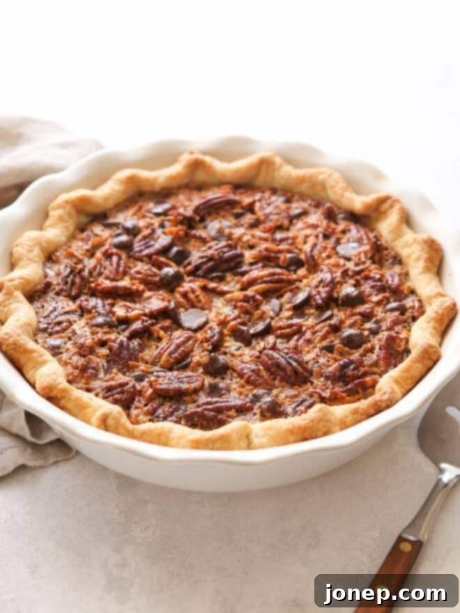 side view of chocolate coconut pie, showcasing its rich texture and topping