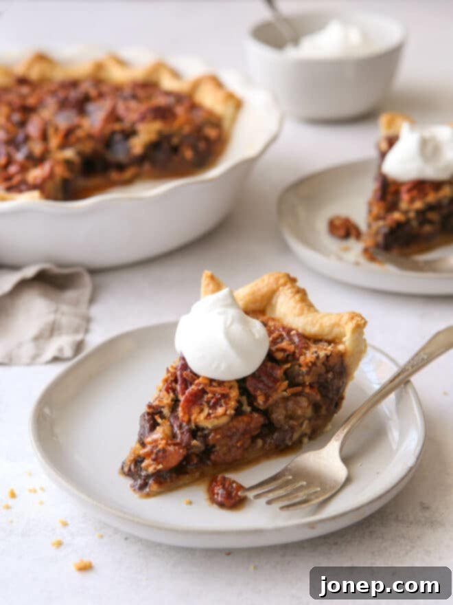 slices of chocolate coconut pecan pie on plates, ready to be served