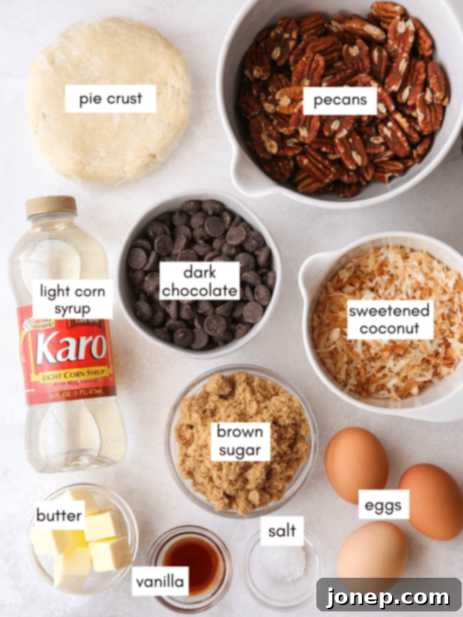 chocolate coconut pie ingredients laid out on a table