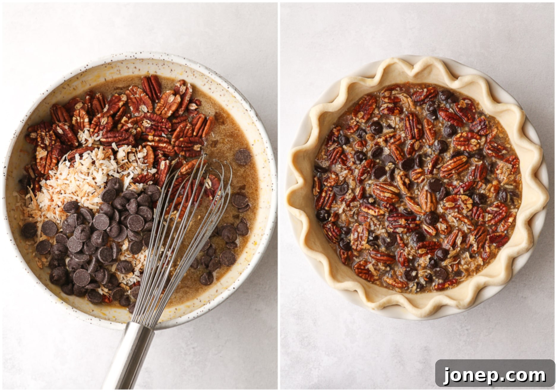 chocolate coconut pecan pie filling mixed and in pie shell, ready for baking