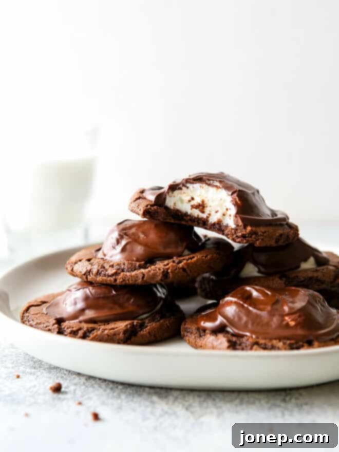 Classic Raspberry Almond Linzer Cookies 10 Pile of gooey chocolate marshmallow cookies on a white plate