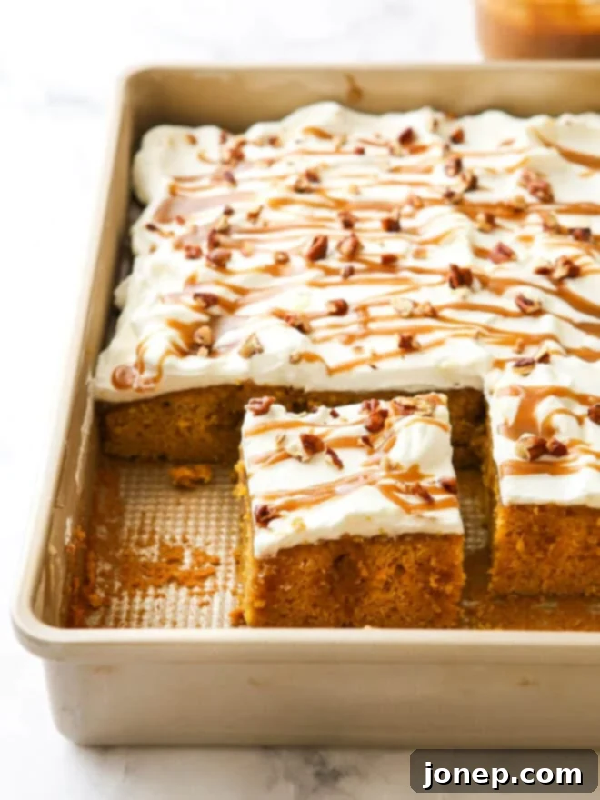 Decadent Pumpkin Caramel Infusion Cake 3 slice of caramel pumpkin poke cake in pan