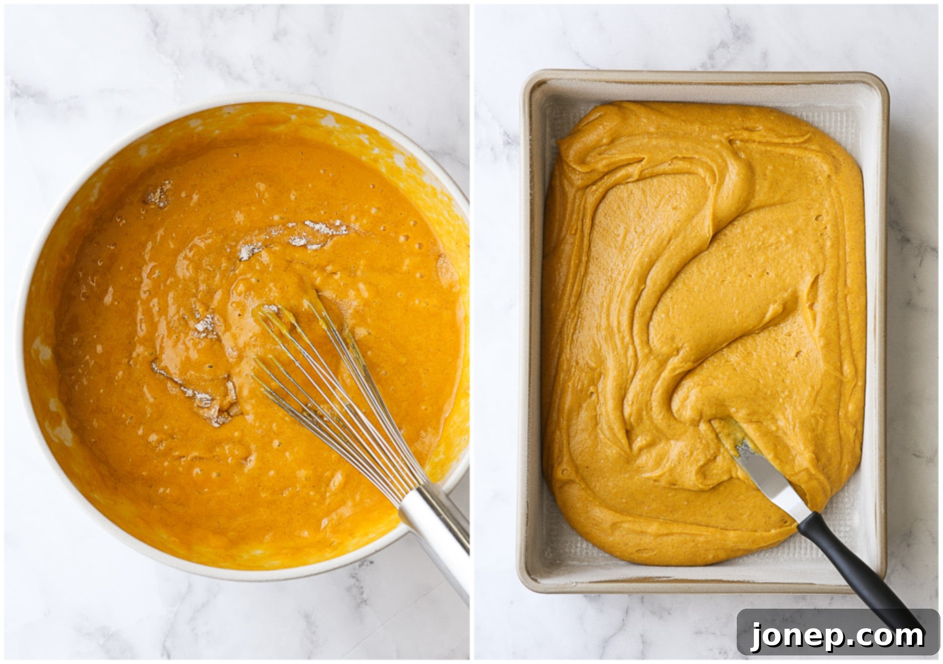 pumpkin cake batter mixed in a bowl, spreading it into a pan