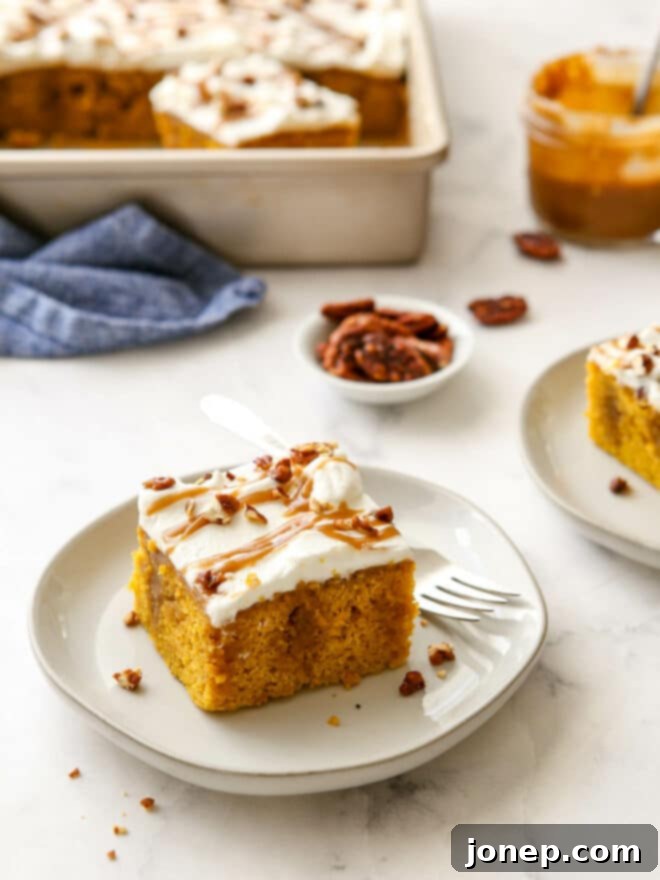 Decadent Pumpkin Caramel Infusion Cake 9 slices of pumpkin caramel poke cake on plates