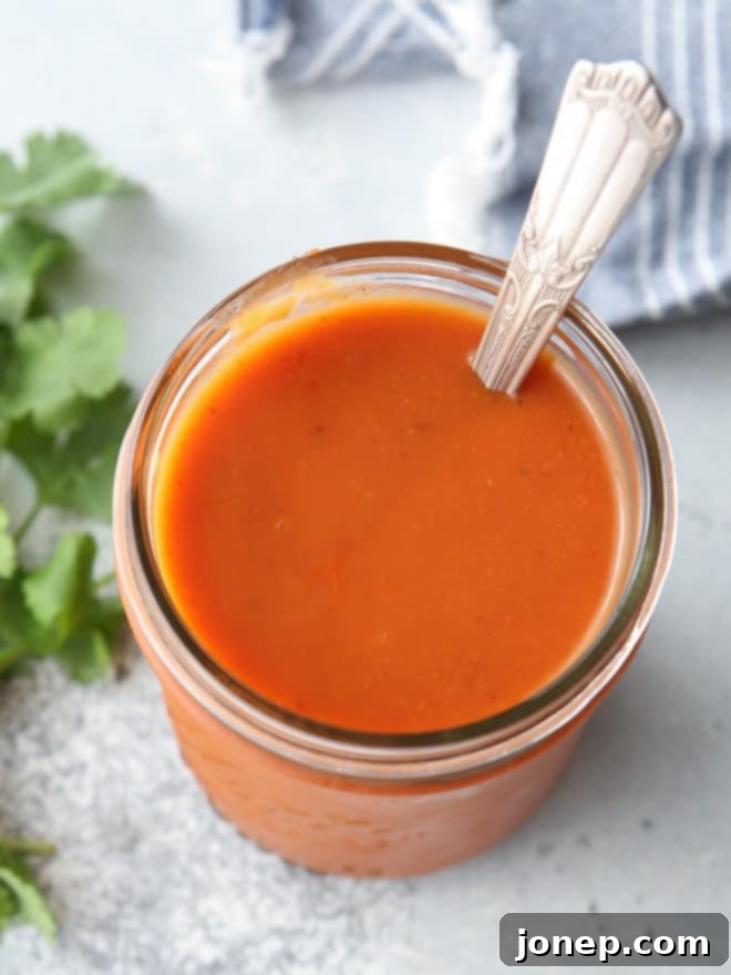 A bowl of rich, homemade butternut squash enchilada sauce, ready to smother the enchiladas