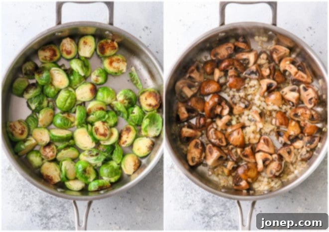 sautéed mushrooms and brussels sprouts