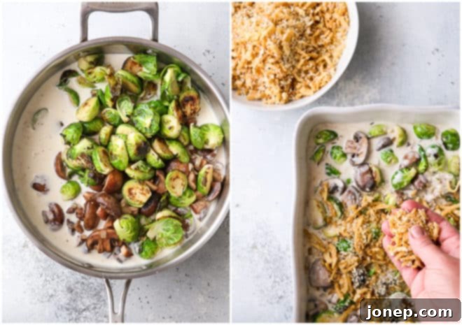 mushrooms and brussels sprouts in white sauce and adding topping in baking dish