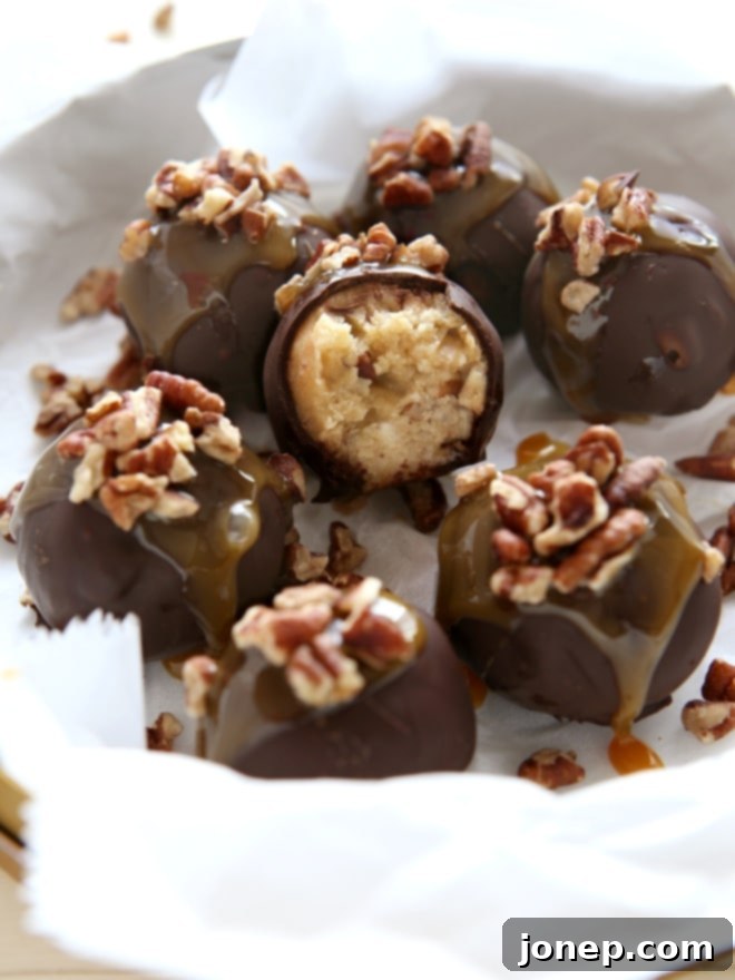 Final arrangement of Turtle Cookie Truffles with a close-up of the delicious textures and toppings | completelydelicious.com