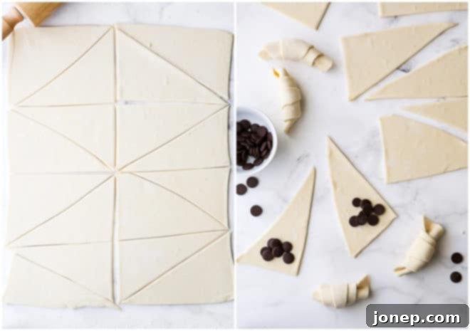 rolling out puff pastry, cutting and adding chocolate