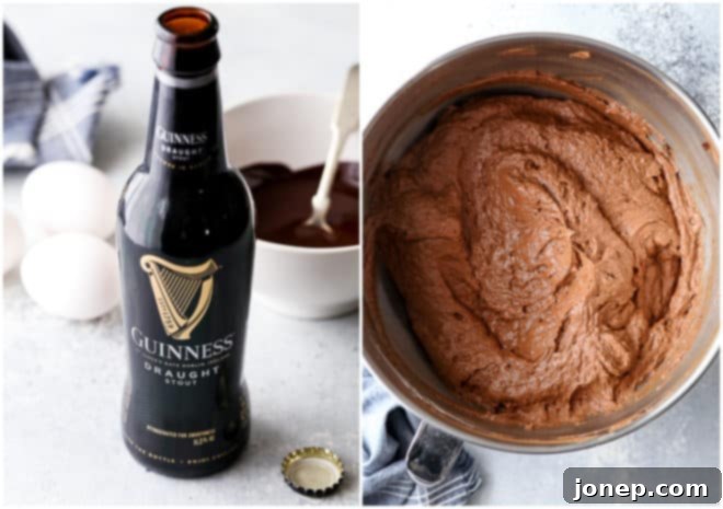 Velvet Stout Chocolate Bundt Cake 5 Pouring Guinness beer into a bowl, an essential step in making chocolate stout cake.