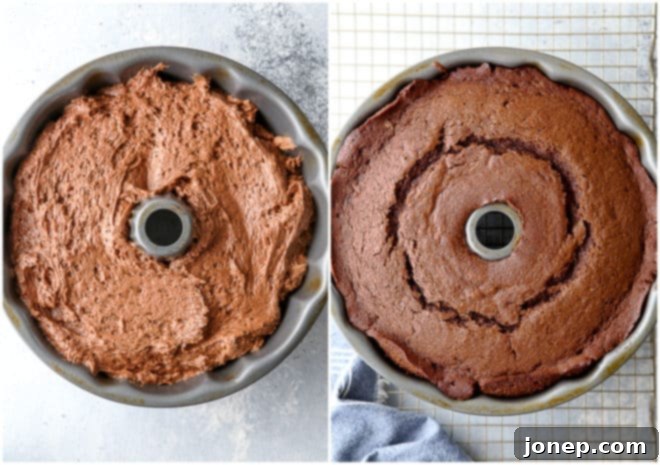 Velvet Stout Chocolate Bundt Cake 6 Before and after pictures of a chocolate stout bundt cake, showing the batter in the pan and the finished cake.