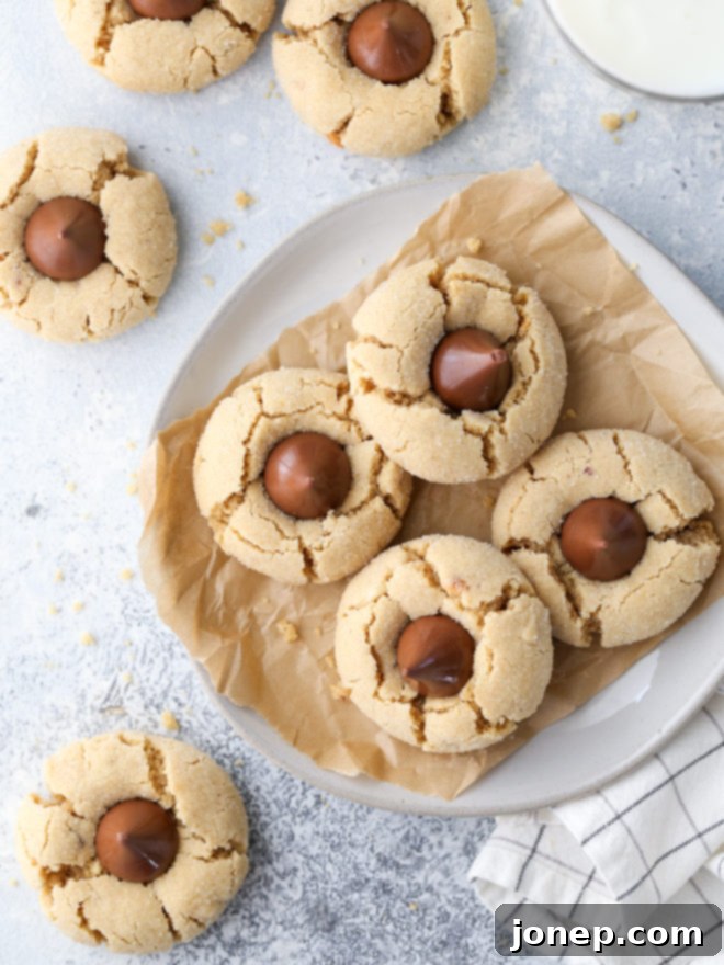 Classic Peanut Butter Blossom cookies with melted Hershey's Kisses, a nostalgic treat perfect for any occasion