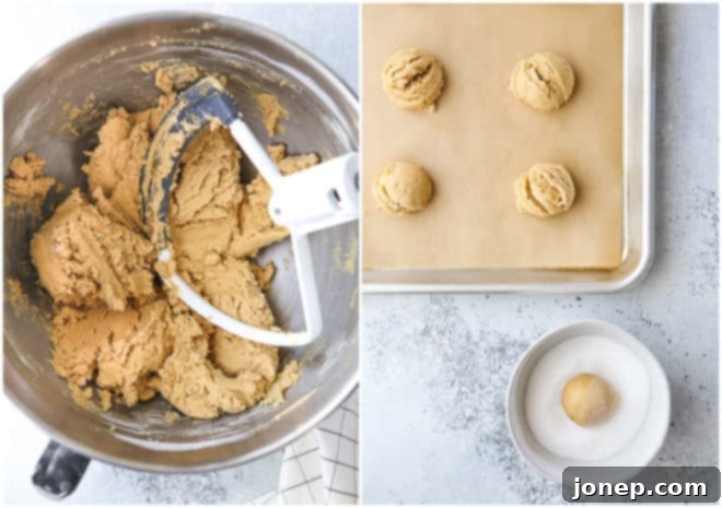 Making peanut butter blossom cookie dough in a stand mixer, showing the light and creamy texture