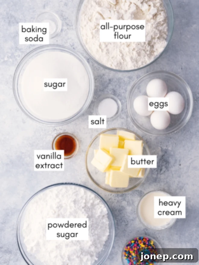 Soft Sugar Cookie Bars 4 sugar cookie bar ingredients measured out on a counter top