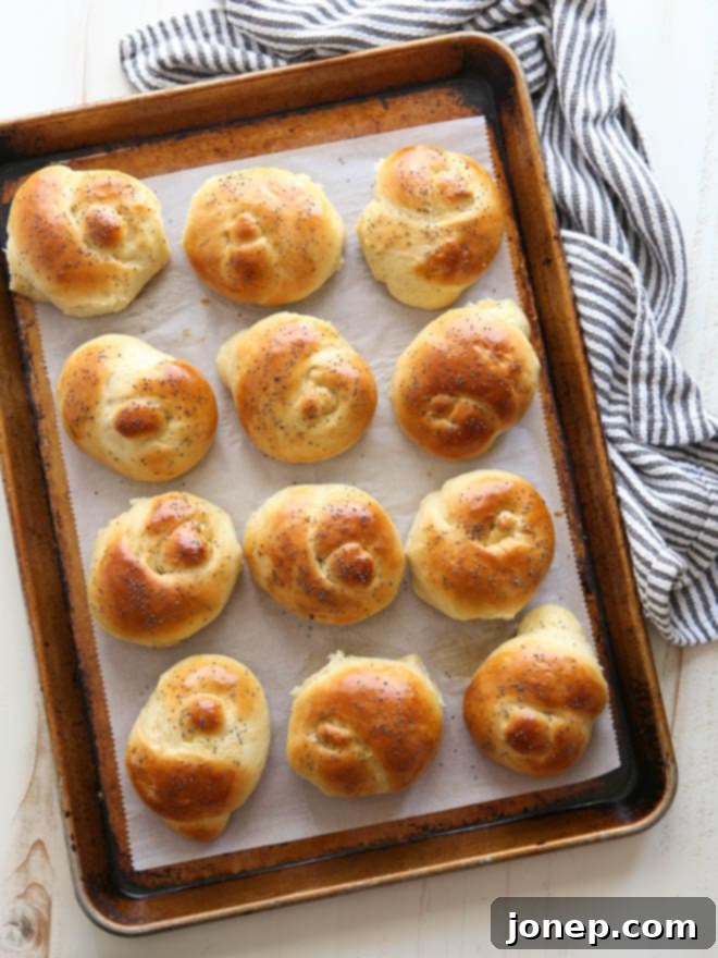 Beautifully golden-brown knotted Challah Dinner Rolls on a cooling rack