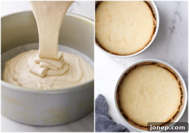 Dreamy Coconut Cloud Cake 5 pouring cake batter and baked cake layers