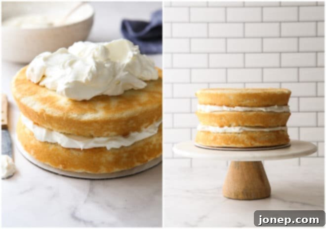 Dreamy Coconut Cloud Cake 7 assembling cake layers with coconut filling