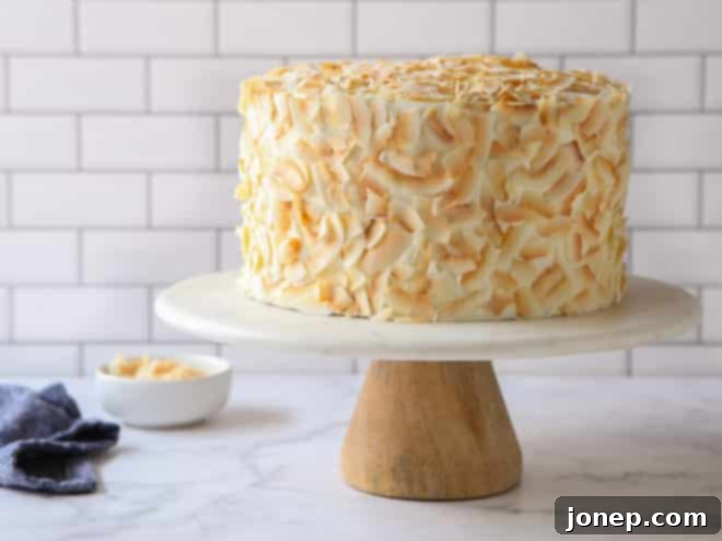 Dreamy Coconut Cloud Cake 8 frosted southern coconut cake on a cake stand