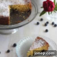 A delicious slice of Blueberry Cornmeal Cake, perfectly golden brown with visible blueberries.