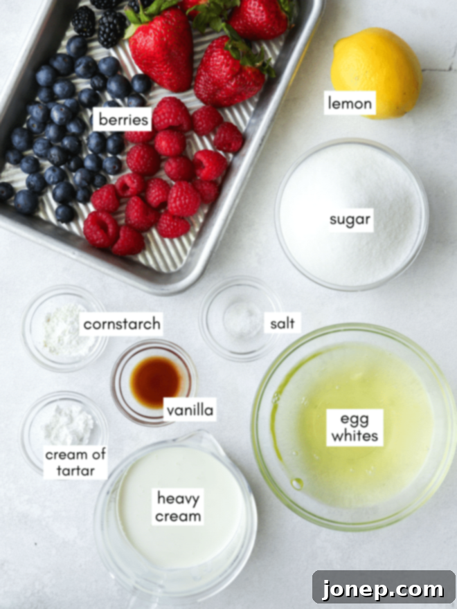 Vibrant Berry Cloud Pavlova 4 ingredients needed for mixed berry pavlova