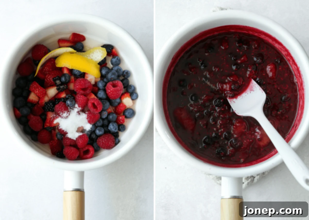 Vibrant Berry Cloud Pavlova 6 making mixed berry compote in a saucepan