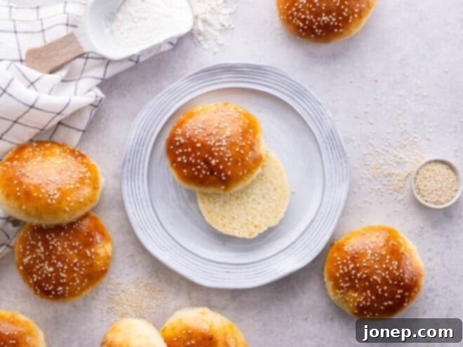 Pillowy Burger Buns From Scratch 3 perfectly sliced brioche burger bun ready for toppings