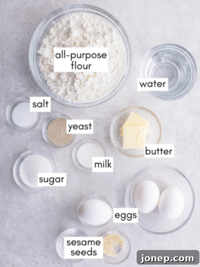 Fluffy Homemade Burger Buns 4 homemade burger buns ingredients measured out with labels