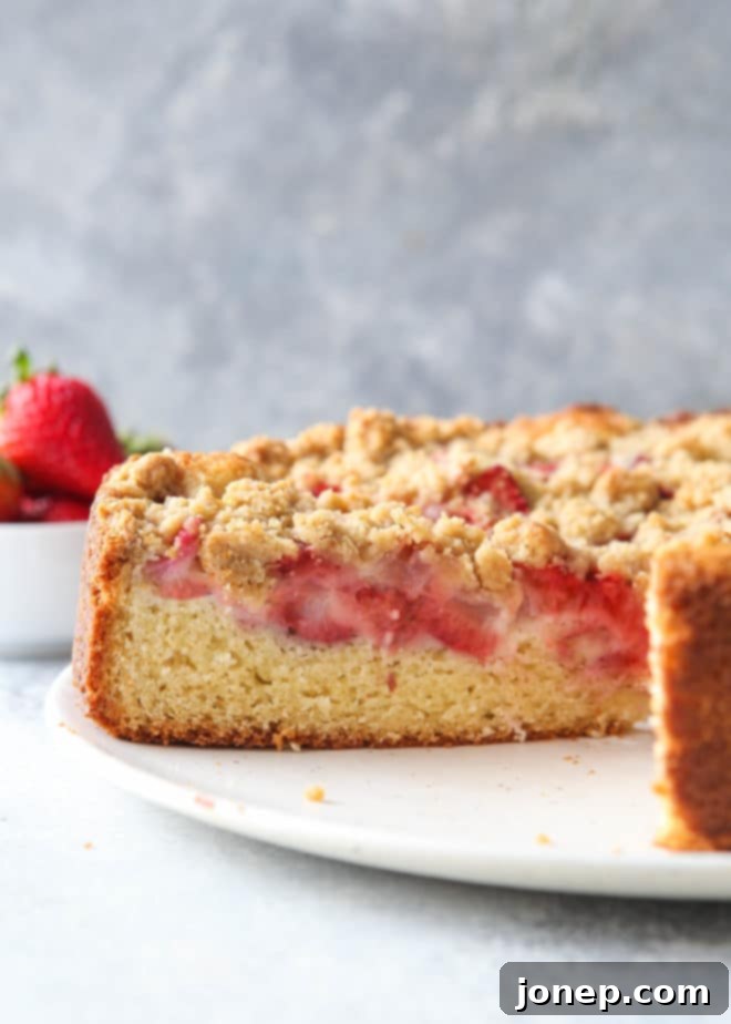 Strawberry rhubarb coffee cake with streusel topping