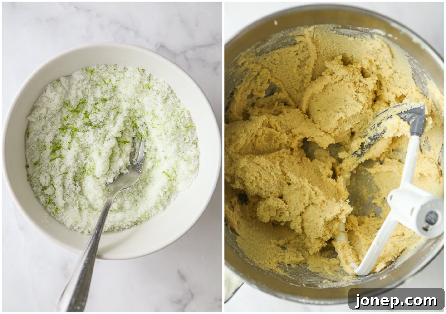 Two images side by side: one showing lime zest being rubbed into sugar, and the other showing cookie dough being mixed in a bowl.