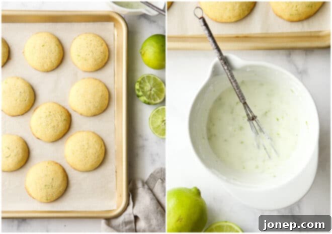 Zesty Lime Cornmeal Delights 7 Baked lime cornmeal cookies cooling on a wire rack, with a bowl of lime icing next to them.