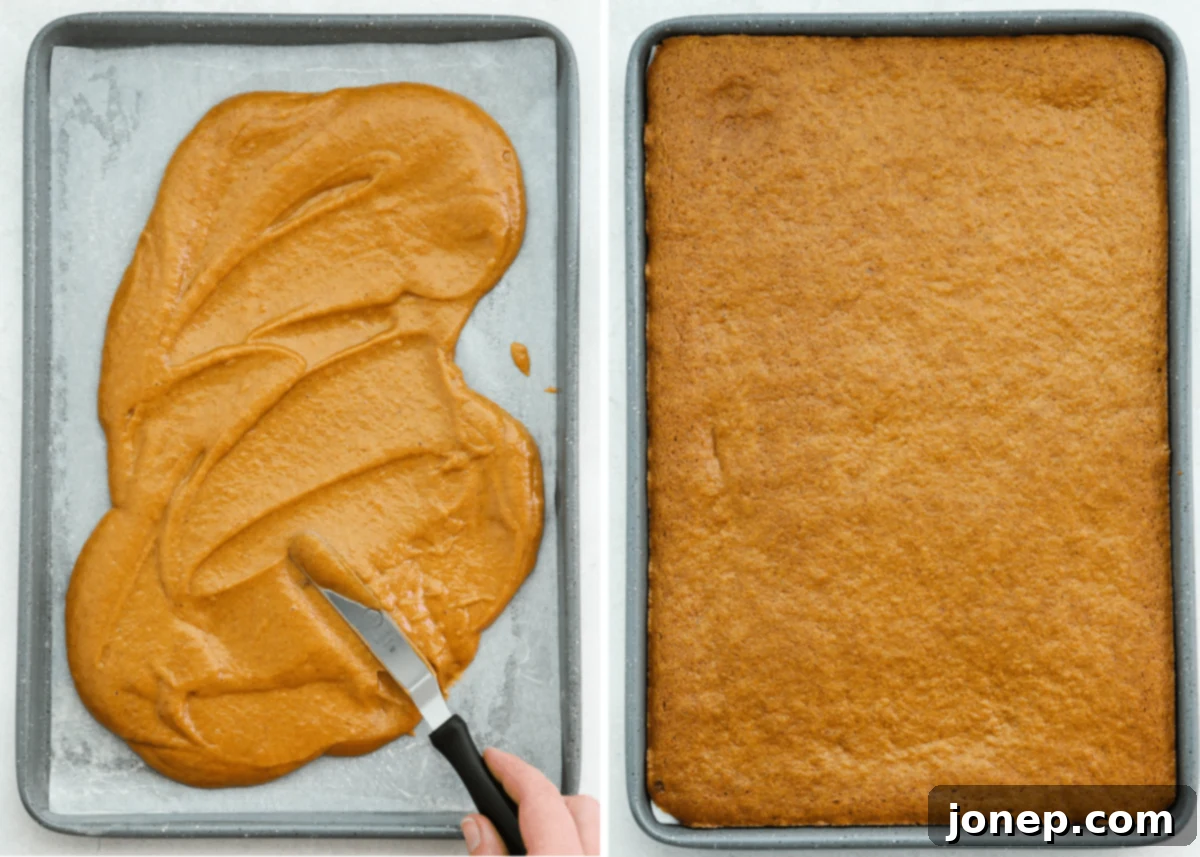 Classic Pumpkin Roll 6 spreading cake batter in jelly roll pan; baked pumpkin cake just out of the oven