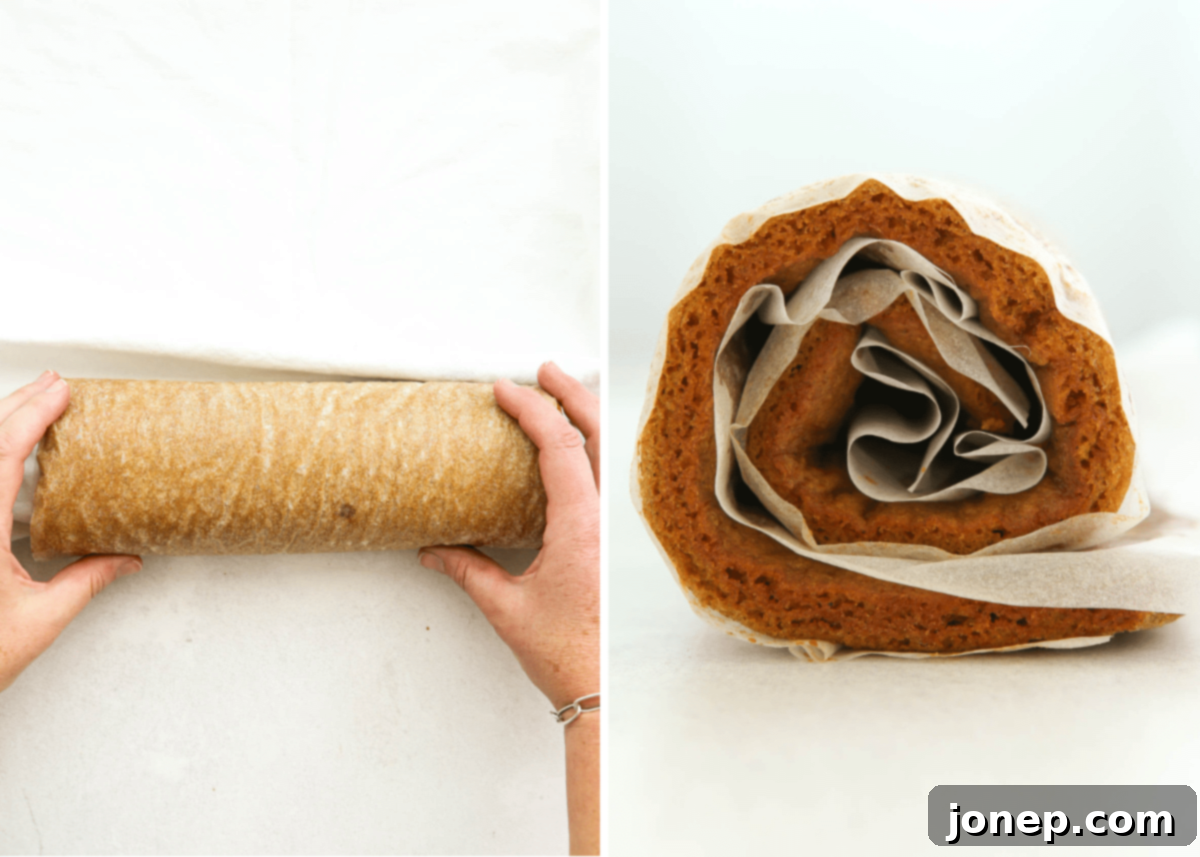 Classic Pumpkin Roll 7 rolling up hot pumpkin cake into a log with parchment paper and a towel