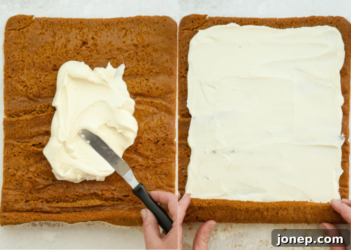 Classic Pumpkin Roll 8 filling pumpkin cake with cream cheese frosting spread evenly