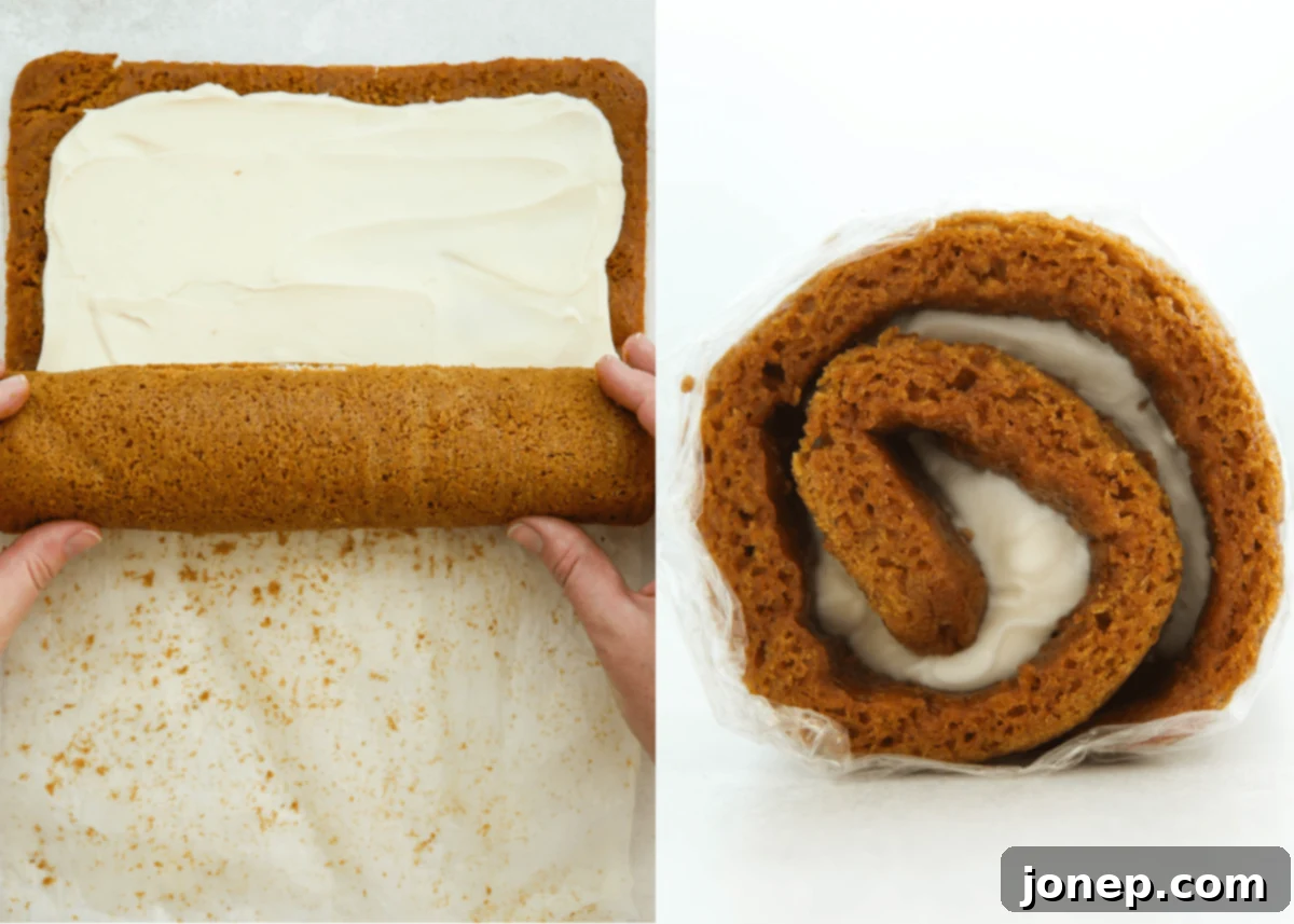 Classic Pumpkin Roll 9 rolling up filled pumpkin roll with cream cheese frosting