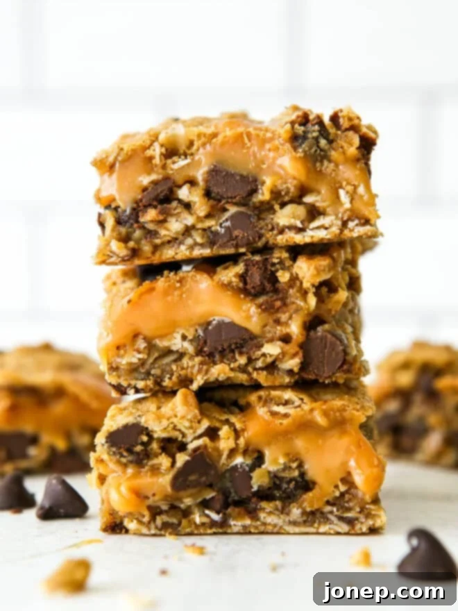 Golden Caramel Chocolate Chip Oat Squares 14 caramel chocolate chip oat bars stacked