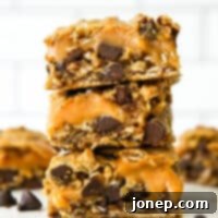 Golden Caramel Chocolate Chip Oat Squares 6 caramel chocolate chip oat bars stacked