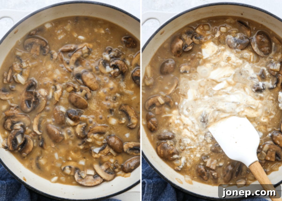 Creamy Chicken Mushroom Stroganoff 5 making sour cream stroganoff sauce in pan