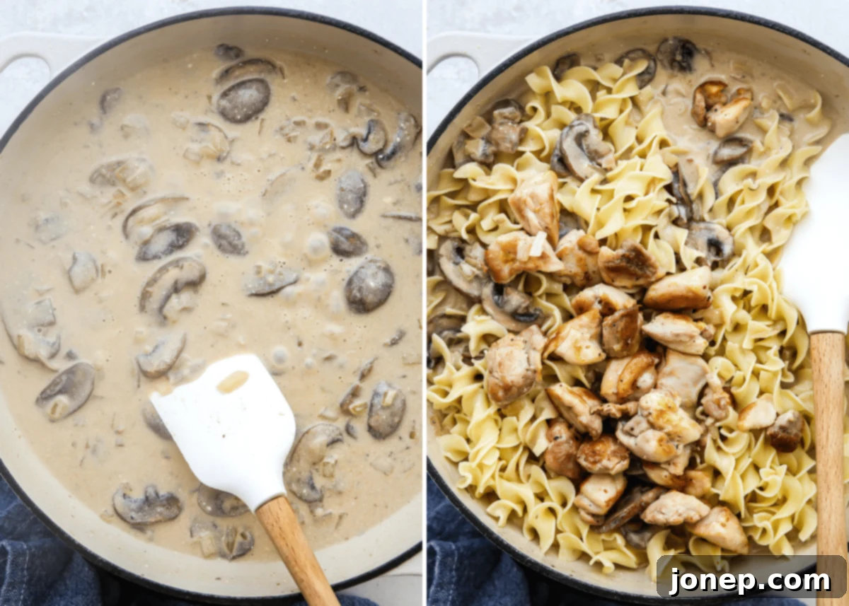 Creamy Chicken Mushroom Stroganoff 6 adding noodles and chicken to mushroom stroganoff sauce