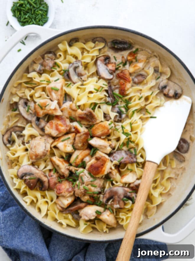Creamy Chicken Mushroom Stroganoff 7 mixing chicken mushroom stroganoff with chives on top